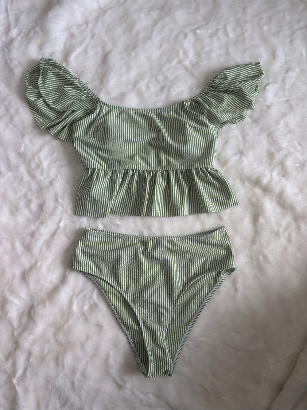 Green and White Striped Ruffle Two-Piece Swim Set